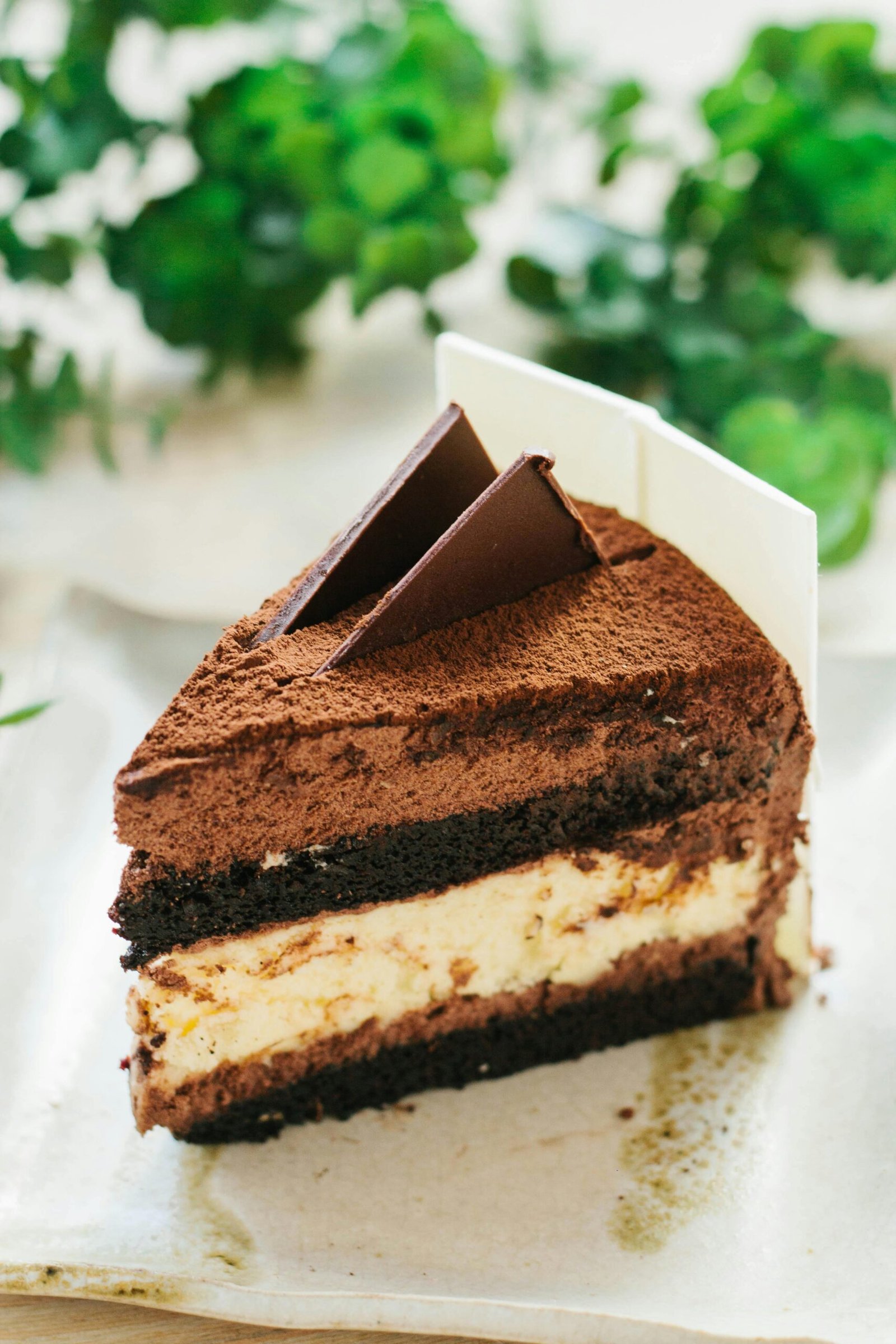 Indulge in a rich chocolate mousse cake slice, perfect for dessert lovers.